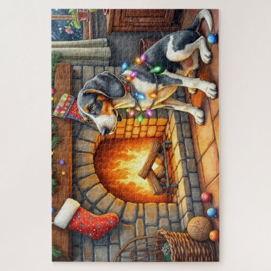 Bluetick Coonhound Fireplace with Christmas Lights ジグソーパズル (縦)