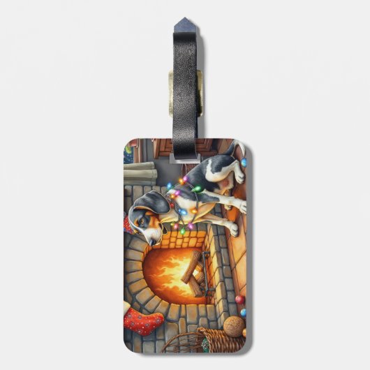 Bluetick Coonhound Fireplace with Christmas Lights ラゲッジタグ (裏面縦)