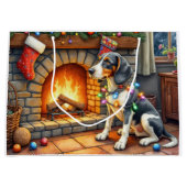 Bluetick Coonhound Fireplace with Christmas Lights ラージペーパーバッグ (正面)