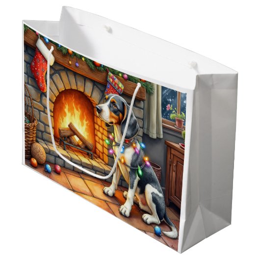 Bluetick Coonhound Fireplace with Christmas Lights ラージペーパーバッグ (正面アングル)