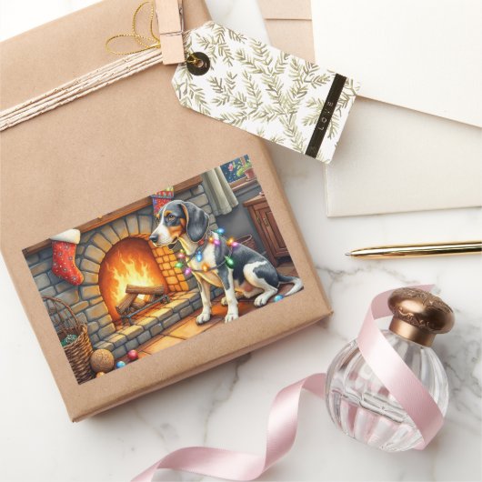 Bluetick Coonhound Fireplace with Christmas Lights 長方形シール (ギフト)