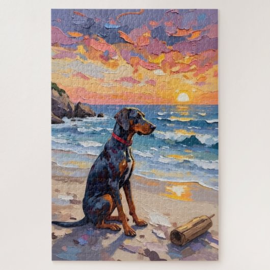 Bluetick Coonhound Sunset Beach Scene ジグソーパズル (縦)