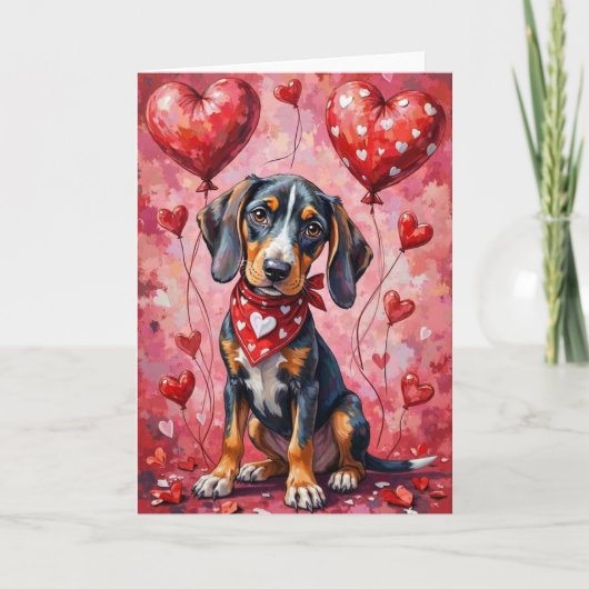 Bluetick Coonhound Valentine Dog Sitting カード (正面)