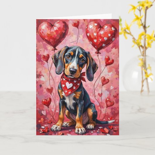 Bluetick Coonhound Valentine Dog Sitting カード (黄色い花)