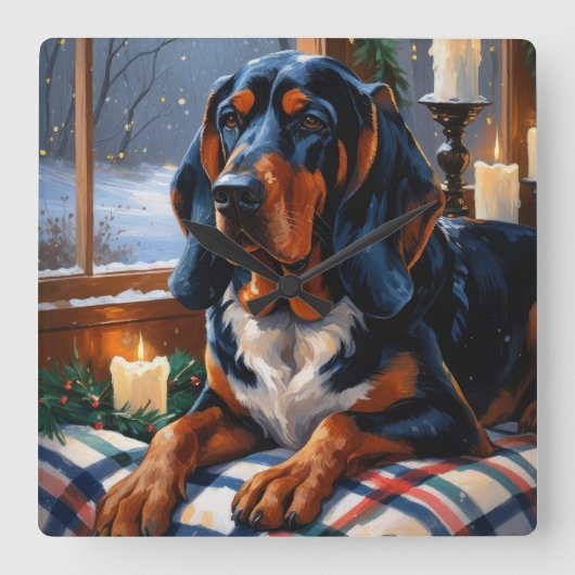 Bluetick Coonhound With Christmas Lights Holiday スクエア壁時計 (正面)