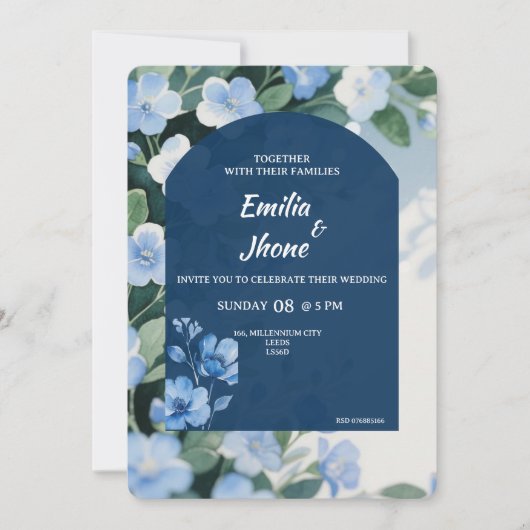Bluish Floral Romantic Wedding Card 招待状 (正面)