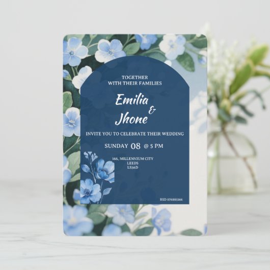 Bluish Floral Romantic Wedding Card 招待状 (スタンド正面)