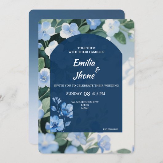 Bluish Floral Romantic Wedding Card 招待状 (正面/裏面)