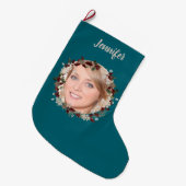 bluish green photo wreath and named ラージクリスマスストッキング (正面 (吊り時))