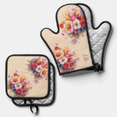 Blumen, bouquet, beige, bunt, sommerlich 鍋つかみ&鍋敷きセット (正面/裏面)