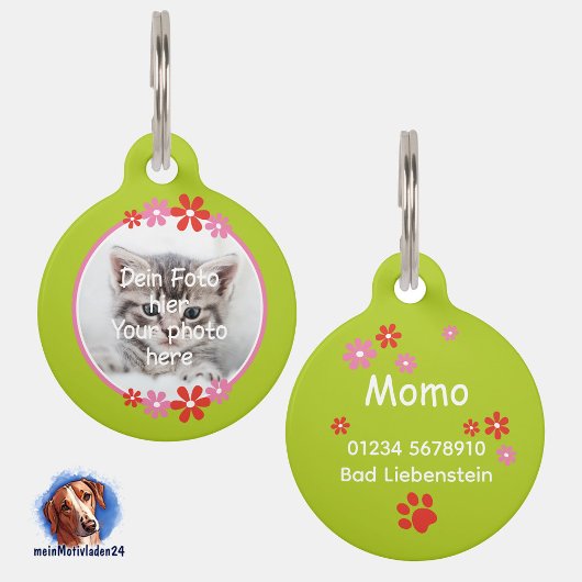 Blumen rosa rot | grüne Tiermarke  ペット　ネームタグ