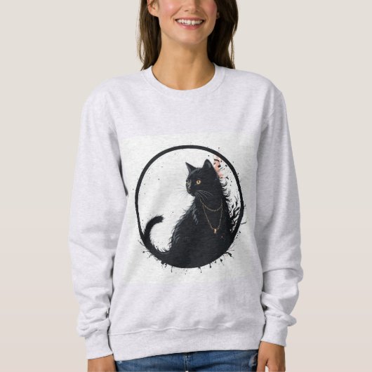 blusa femina com design gato preto スウェットシャツ (正面)
