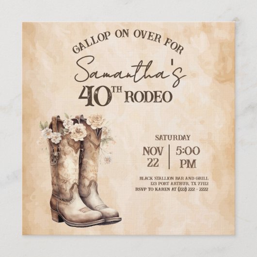 Blush and Boots 40th Rodeo Birthday Party 招待状 (正面)