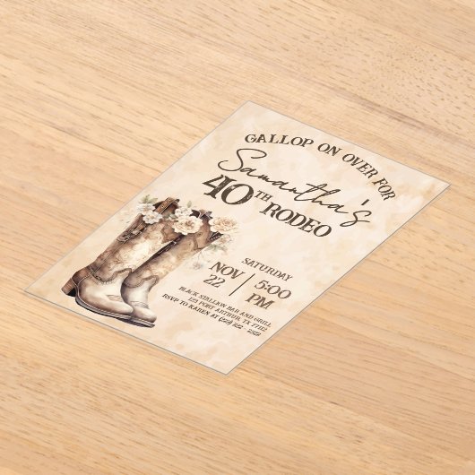 Blush and Boots 40th Rodeo Western Birthday アクリル招待状 (レイダウン)