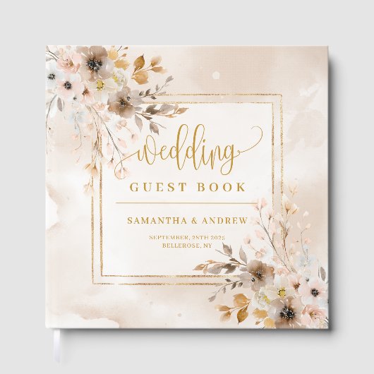 Blush and Gold Boho Fall Floral Wedding Guest Book ゲストブック (正面)