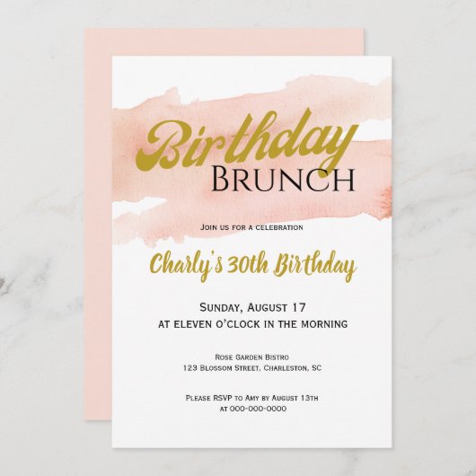 Blush and Gold Modern Brunch Celebration 招待状 (正面/裏面)