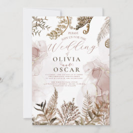 Blush and Gold Pampas Grass Floral Wedding Invitat 招待状