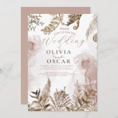 Blush and Gold Pampas Grass Floral Wedding Invitat 招待状 (正面/裏面)