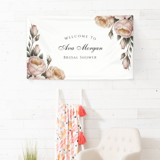 Blush and Ivory Rose Floral Bridal Shower 横断幕 (インサイチュ)