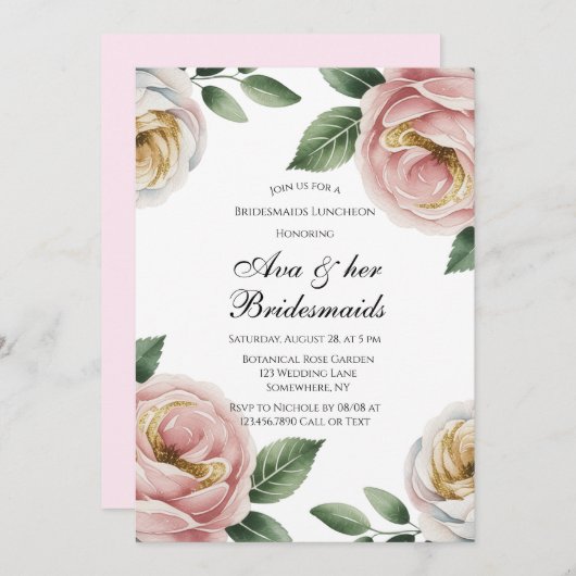 Blush and Ivory Rose Floral Bridesmaids Luncheon 招待状 (正面/裏面)