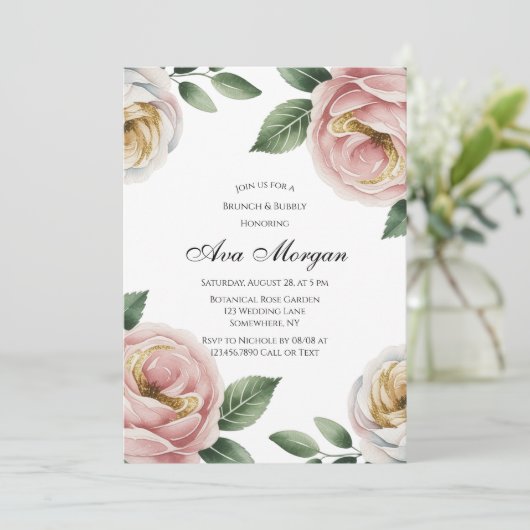 Blush and Ivory Rose Floral Brunch & Bubbly 招待状 (スタンド正面)