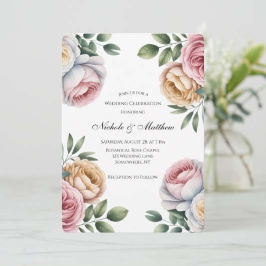Blush and Ivory Rose Floral Wedding Celebration 招待状 (スタンド正面)