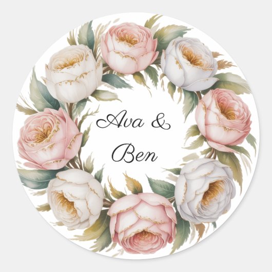 Blush and Ivory Rose Floral Wreath Wedding ラウンドシール (正面)