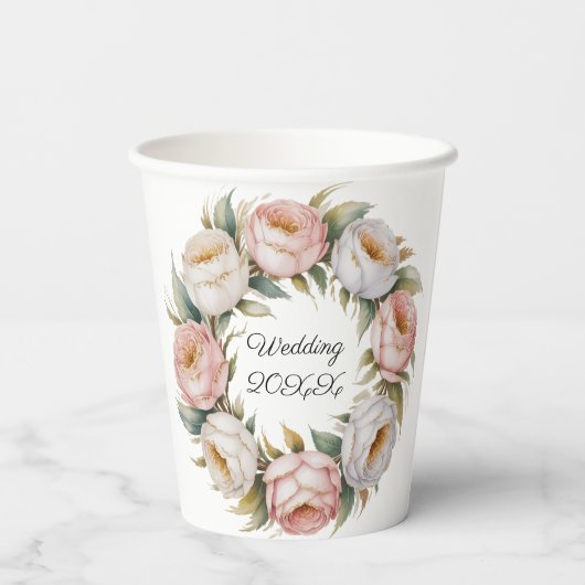 Blush and Ivory Rose Floral Wreath Wedding 紙コップ (裏面)