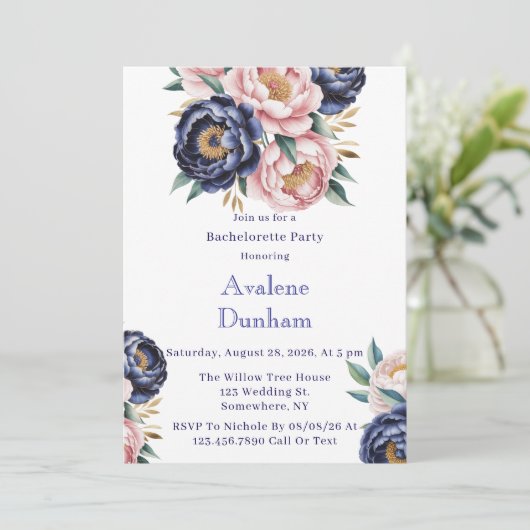 Blush and Navy Blue Peony Bachelorette Party 招待状 (スタンド正面)