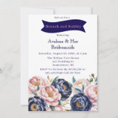 Blush and Navy Blue Peony Brunch and Bubbly 招待状 (正面)