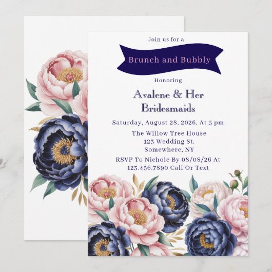 Blush and Navy Blue Peony Brunch and Bubbly 招待状 (正面/裏面)