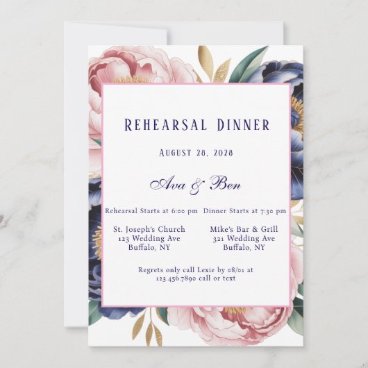 Blush and Navy Blue Peony Rehearsal Dinner 招待状 (正面)