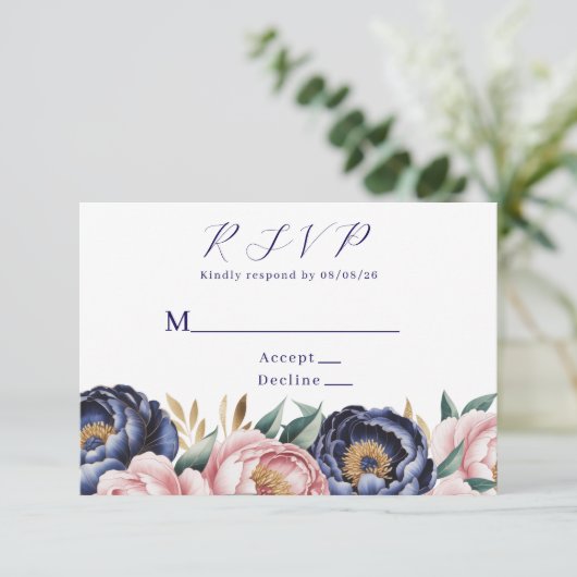 Blush and Navy Blue Peony Wedding  出欠カード (スタンド正面)