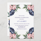 Blush and Navy Blue Peony Wedding Celebration 招待状 (正面/裏面)