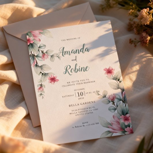 Blush and Sage Green Wedding Invitation 招待状