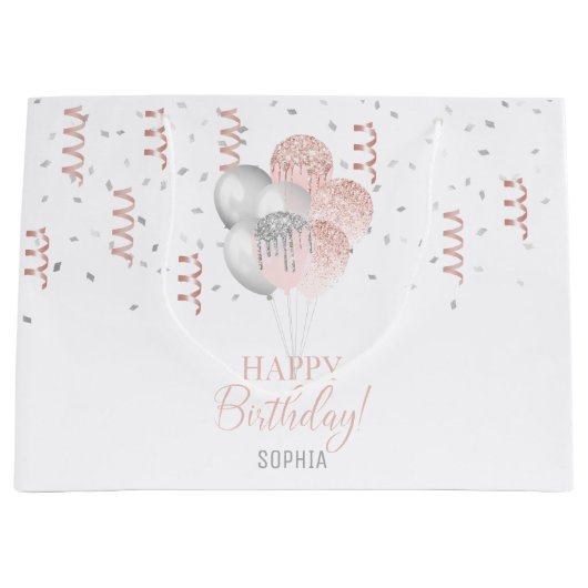 Blush and Silver Balloons Birthday  ラージペーパーバッグ (正面)