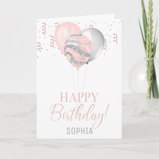 Blush and Silver Balloons Birthday 招待状 (正面)