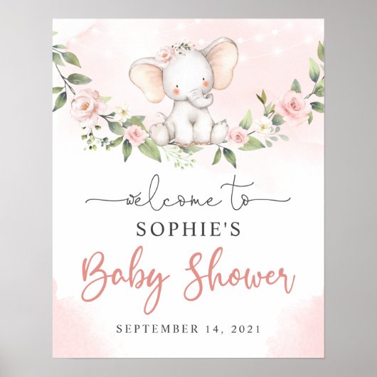 Blush Baby Elephant Girl Baby Shower Welcome Sign ポスター (正面)