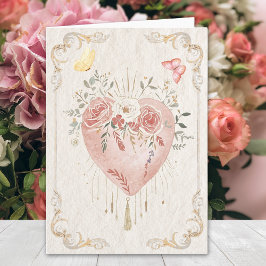 Blush Baroque Floral Sacred Heart Happy Valentines カード