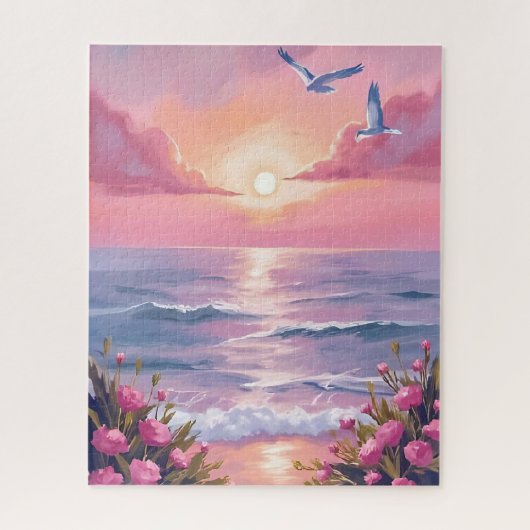 Blush Beach | ピンクのオーシャンサンセット 海岸の水彩画 ジグソーパズル (縦)