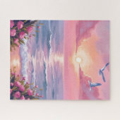 Blush Beach | ピンクのオーシャンサンセット 海岸の水彩画 ジグソーパズル (横)