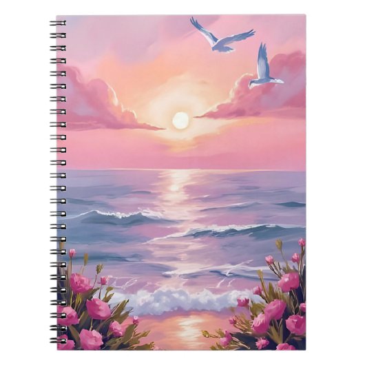 Blush Beach | ピンクのオーシャンサンセット 海岸の水彩画 ノートブック (正面)