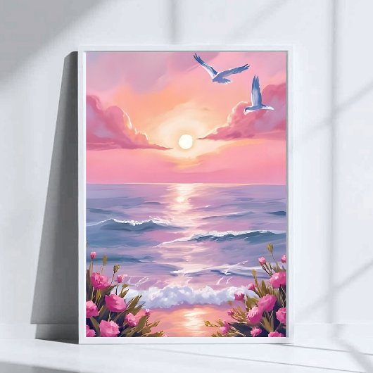 Blush Beach | ピンクのオーシャンサンセット 海岸の水彩画 ポスター
