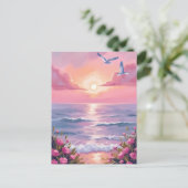 Blush Beach | ピンクのオーシャンサンセット 海岸の水彩画 ポストカード (スタンド正面)