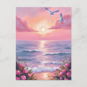 Blush Beach | ピンクのオーシャンサンセット 海岸の水彩画 ポストカード (正面)