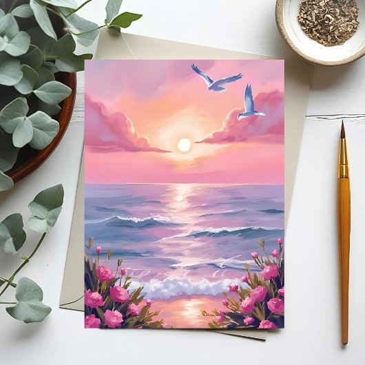 Blush Beach | ピンクのオーシャンサンセット 海岸の水彩画 ポストカード