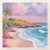 Blush Beach | ピンクの海の絵画 ガラスコースター (正面)