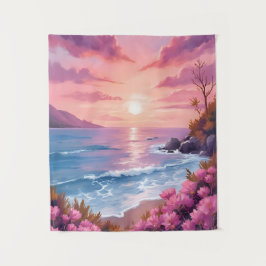 Blush Beach Bay | オシャレなピンクの水彩画 サンセット オーシャンブルー タペストリー