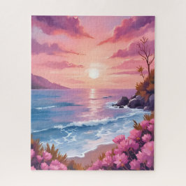 Blush Beach Bay | 海の夕焼け ピンクの水彩画 ジグソーパズル