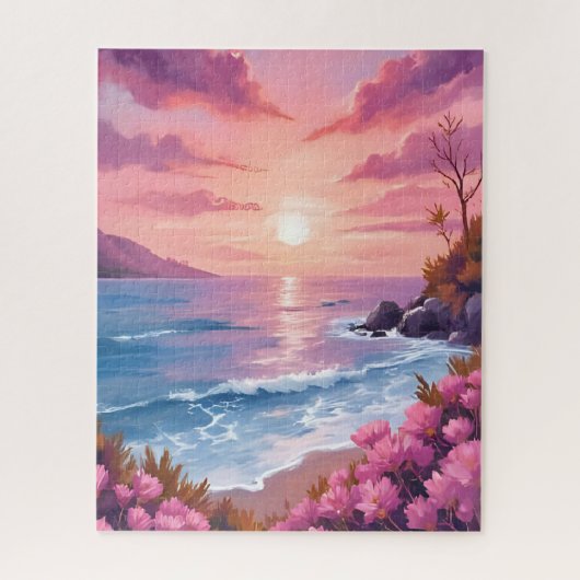 Blush Beach Bay | 海の夕焼け ピンクの水彩画 ジグソーパズル (縦)